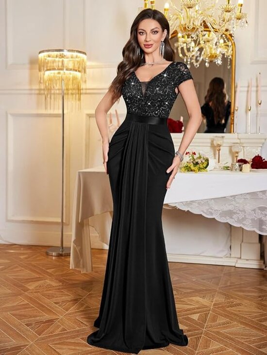 Dresses & Skirts - Women's Deep V-Neck Lace Sequin Pleated Evening Formal Dress
